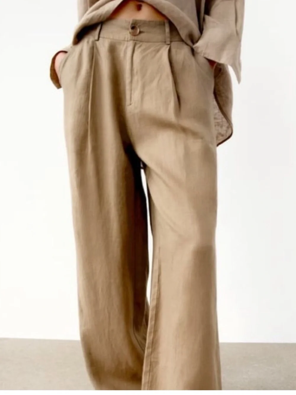 Zara 100% Linen Neutral Tan High Waist Wide Leg Pants M